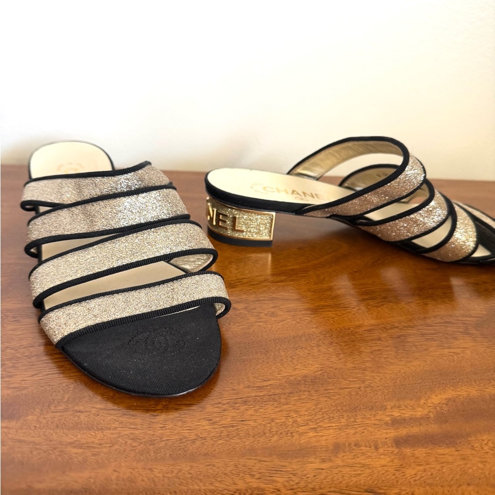 CHANEL Black and Gold Mules with Block Heel